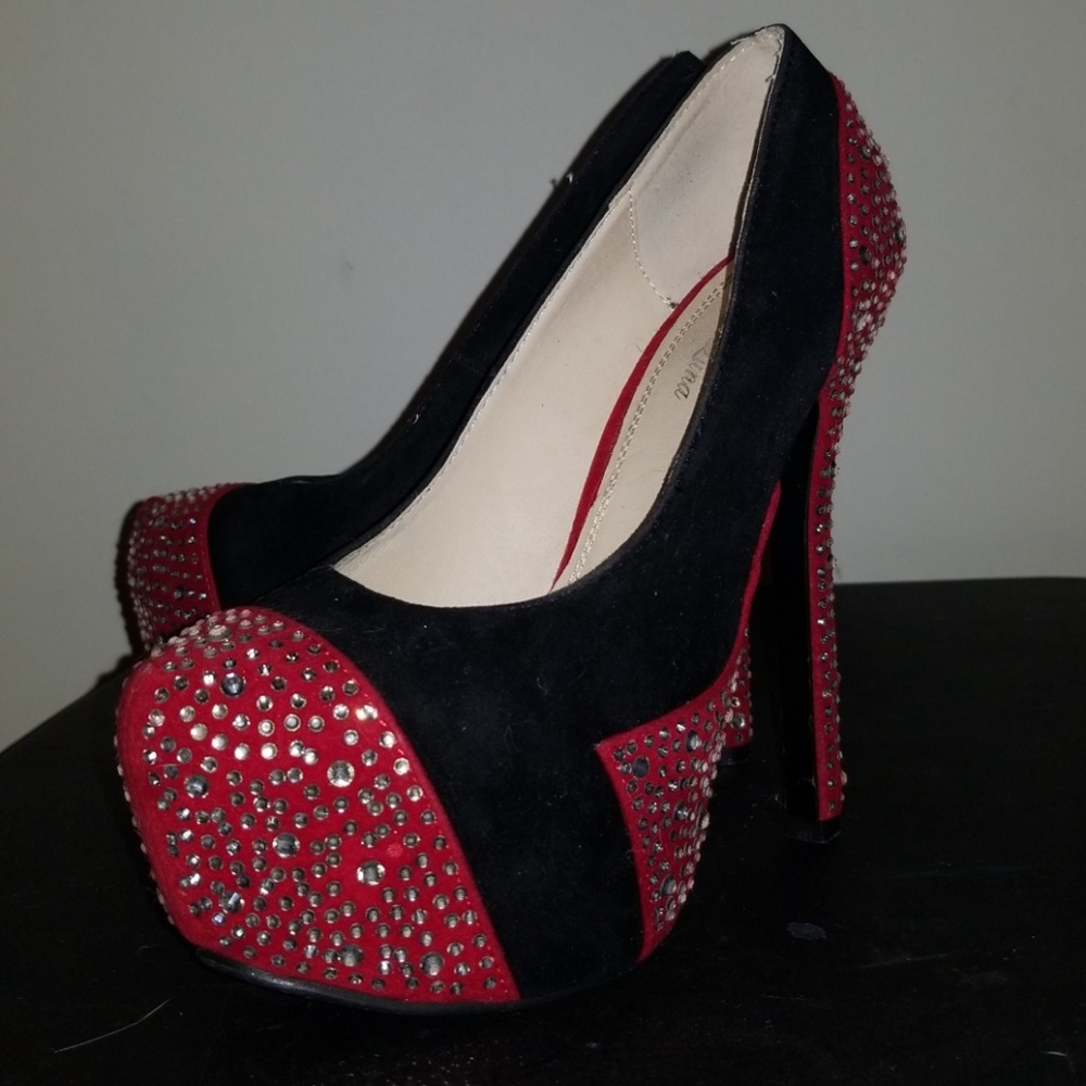 Bella Luna Red and Black Rhinestone Exotic Heels